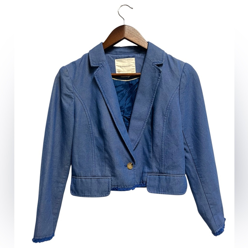 ANTHROPOLOGIE Cartonnier Cropped Frayed Hem Blazer Size 2 - Picture 2 of 10